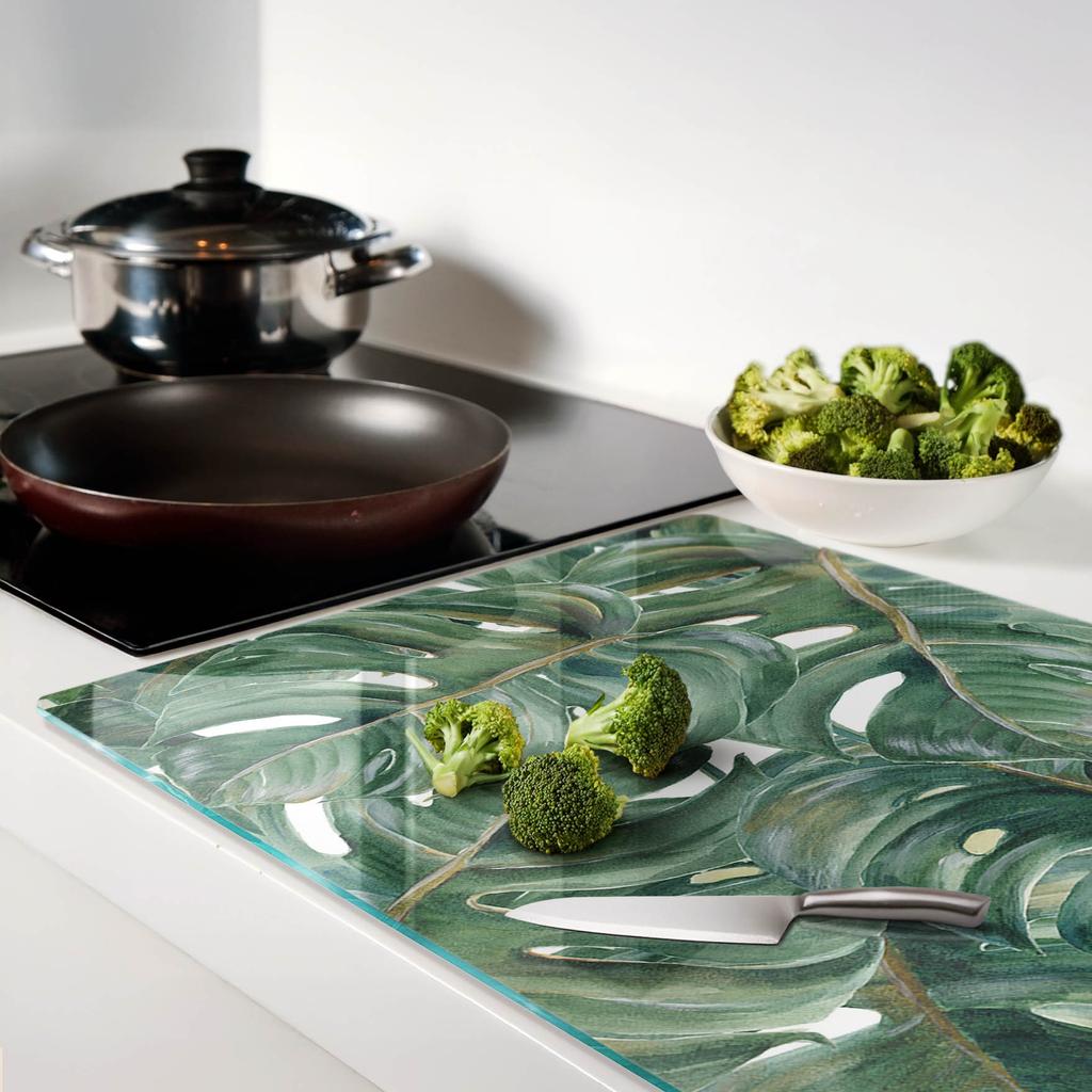 Glass Kitchen Chopping Board with Decorative Monstera Graphics 80x52 cm