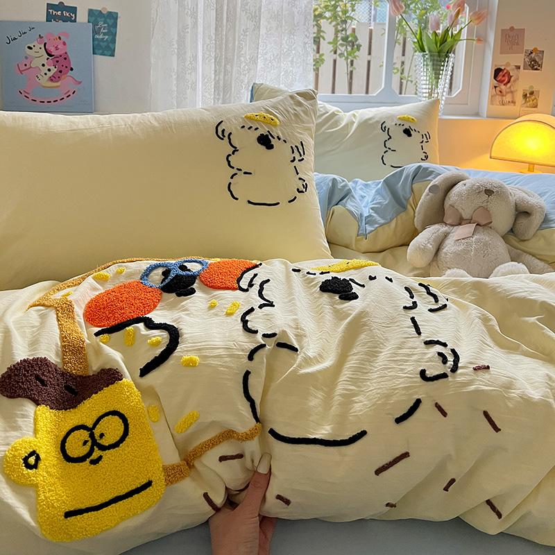 Cartoon Animal Embroidery Bedding Set For Adults Kids Cute Flat Fitted Sheet With Pillowcases Washed Cotton Colorful Full Size