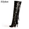 Eilyken Новая Мода Дизайнерские Кисточки Высокие До Бедра Женские Сексуальные Остроносые На Молнии Выше Колена Шпильки Размер 35 42