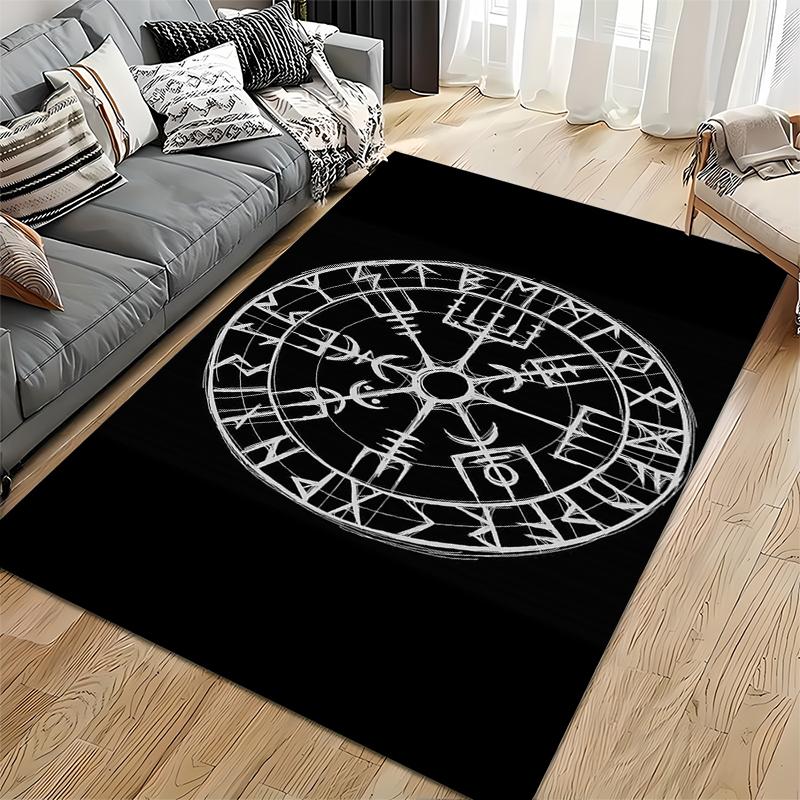 Area Rug, Viking Vegvisir Runic Compass White Sketch Black Background Poster, Living Room Decor, Non-Slip Mat