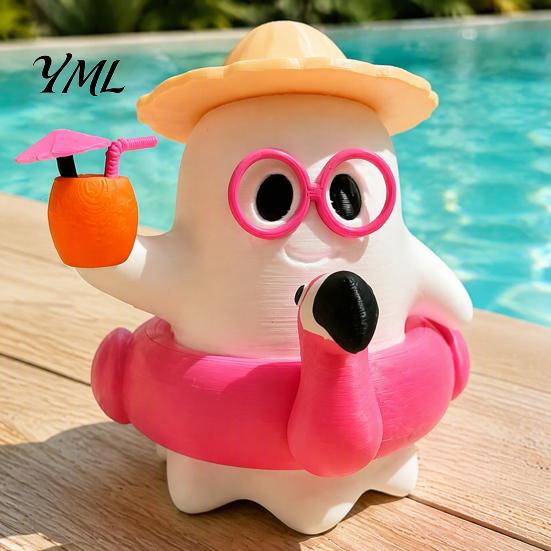 Ghost Figurines for Tabletop 3D Printed Summer Figurine, Cute Beach Theme Ornament with Unique Gift Friends Straw Hat Swimming Ring And Gasses