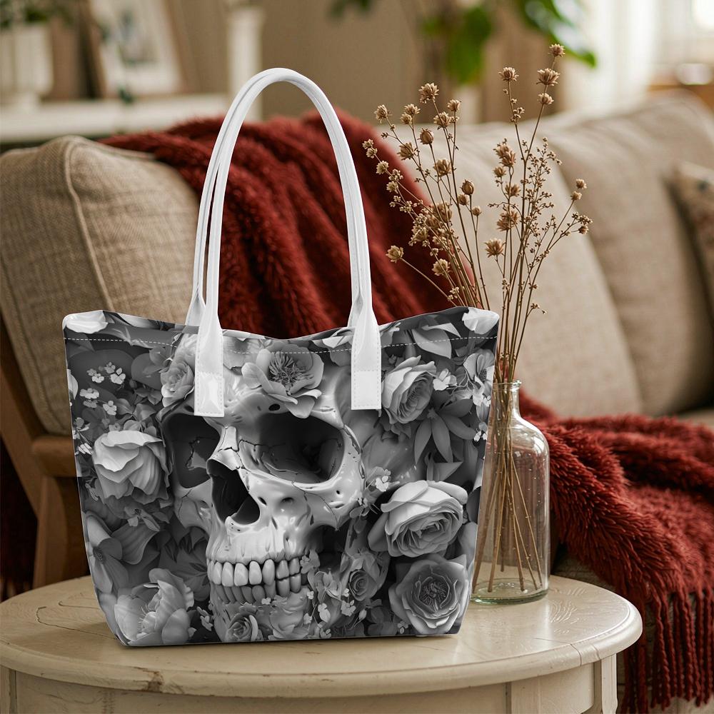 Gothic Skull Flower Print Tote Bag Fashion Daily Use Shoulder Bag for Women Unique Design Durable Daily Outing Carry Bag
