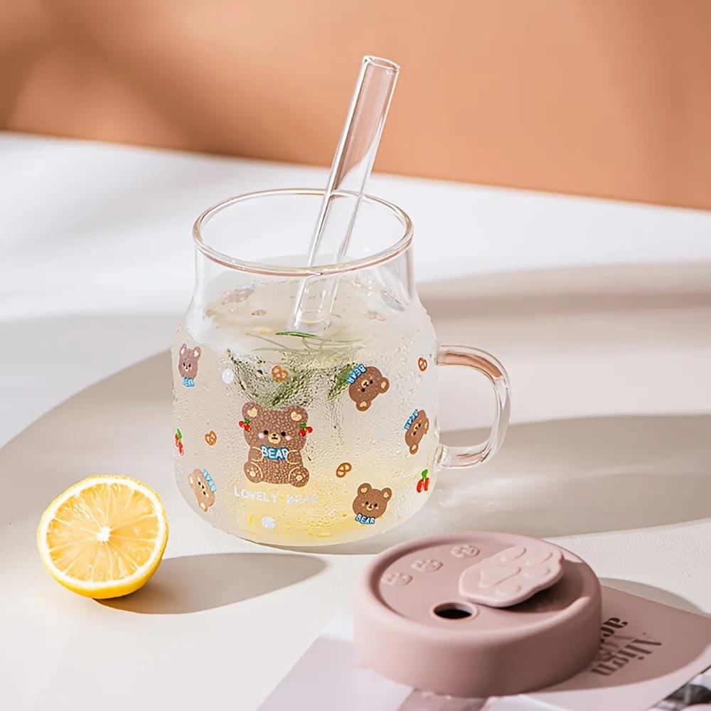 1 шт. 500 мл Мультяшная стеклянная чашка с медведем с крышкой и соломинкой, кружка для воды из высокоборосиликатного стекла с ручкой, стаканы для холодного кофе, стаканы для питья