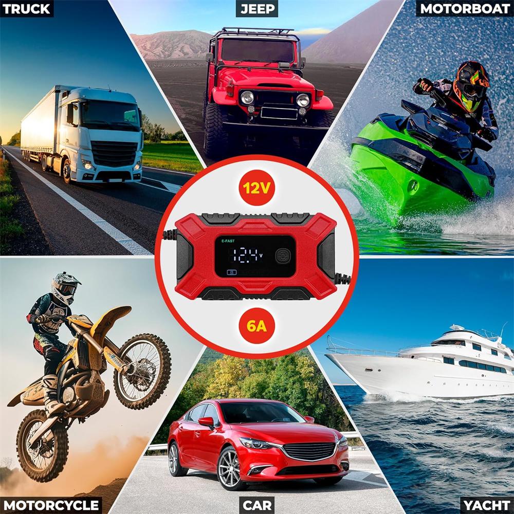 Быстрое зарядное устройство для аккумулятора автомобиля и мотоцикла 12 В 6 А, интеллектуальное, с цифровым ЖК-дисплеем, свинцово-кислотное зарядное устройство, поддерживающее зарядное устройство
