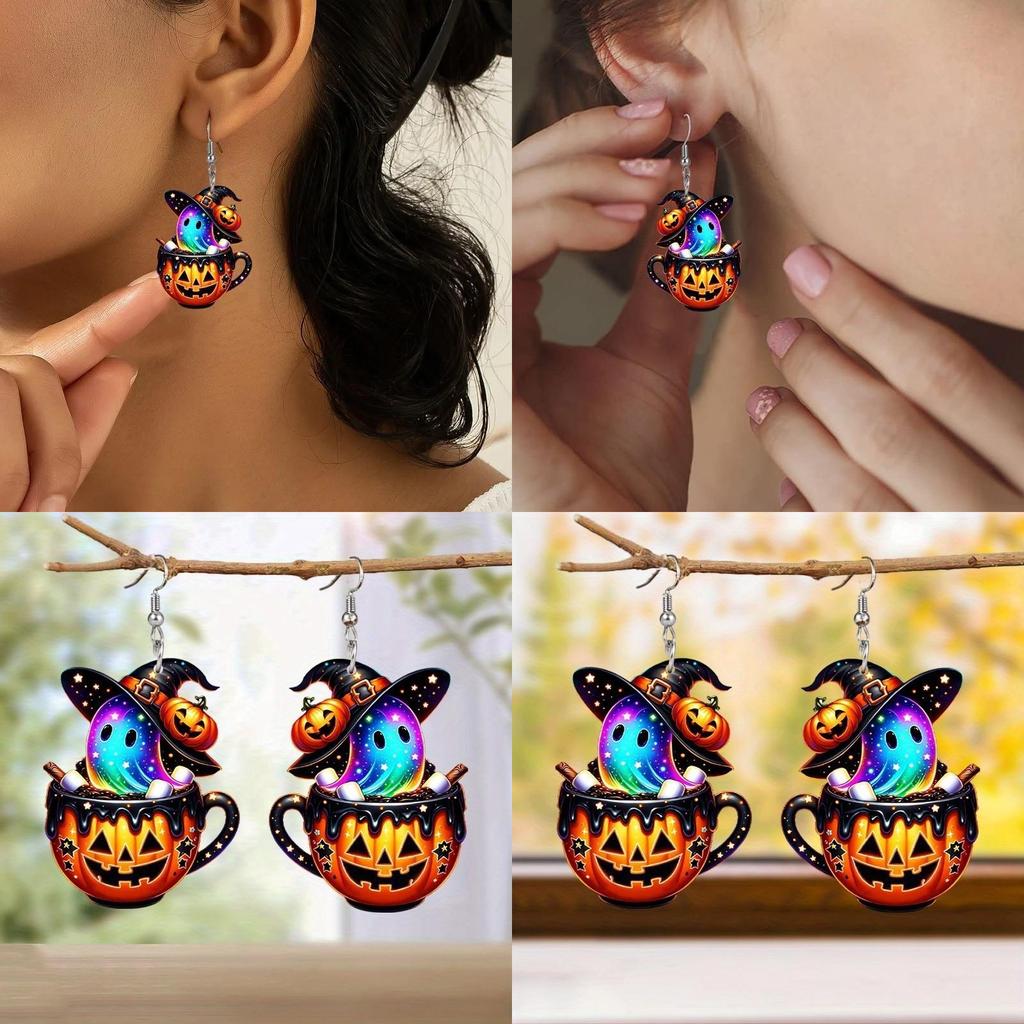 Colorful Halloween Themed Cartoon Ghost Pumpkin Pattern Women Earrings Acrylic