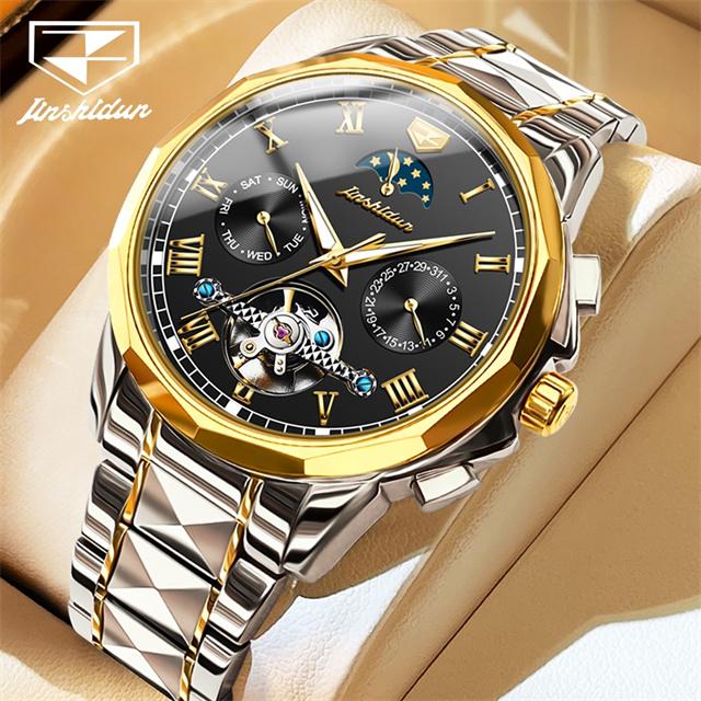 JSDUN Couple Watch Men and Women Automatic Mechanical Wristwatches Luxury Skeleton Stainless Steel Waterproof Lover's Moon Watch