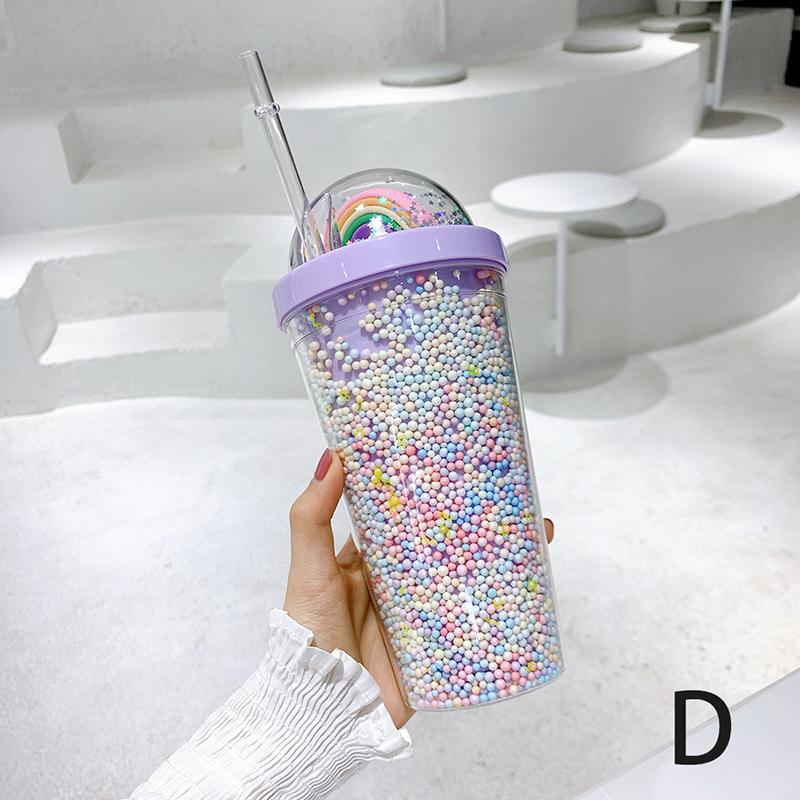 Double Layers Rainbow Plastic Water Bottle With Straw Creative 550Ml Mug