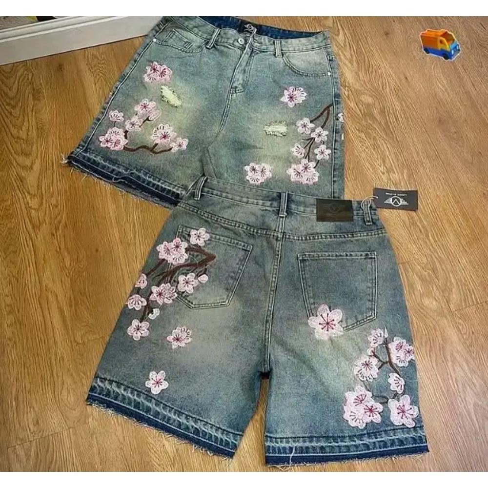 ZYLLO Готические Мужские Женские Джинсовые Шорты с Вышивкой Сакуры Y2K Джинсы Харадзюку Хип-Хоп Ретро Мешковатые Шорты Модные Повседневные Брюки