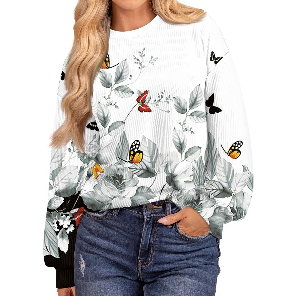 Women's Fashion Printed Ribbed Long Sleeve Drop Shoulder Loose Round Neck Top