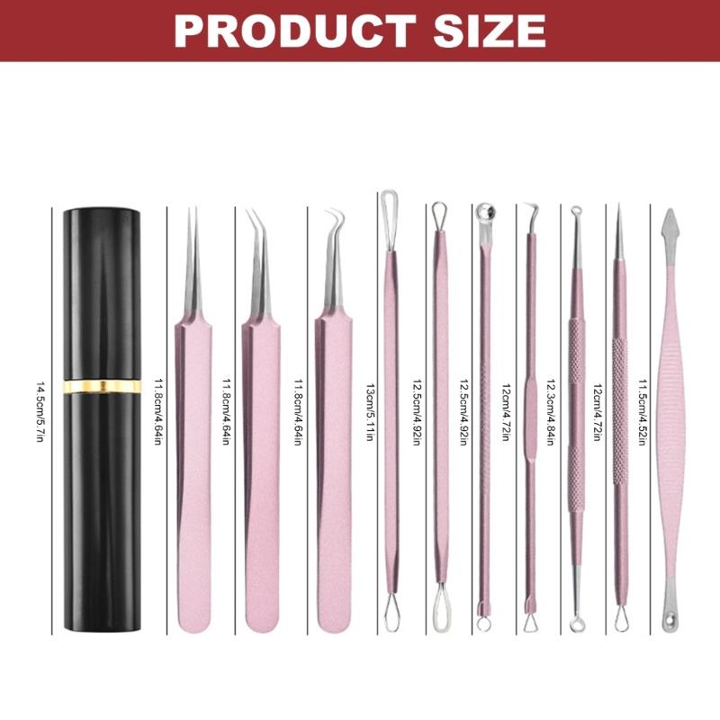 Portable 10Pcs Acne Treatments Kit Including Carbon Steel Needle and Ergonomic Comedone Extractor Tools