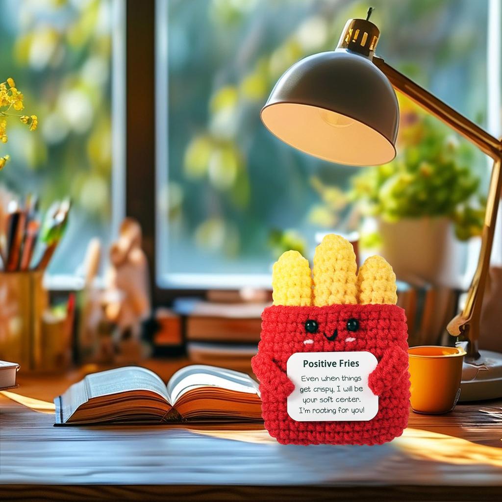 Эмоциональная поддержка ручной работы в виде картофеля фри, забавная вязаная крючком милая шерстяная кукла с позитивной открыткой вверх, кляп для вязания, подарки для друзей, настольный веселый домашний декор