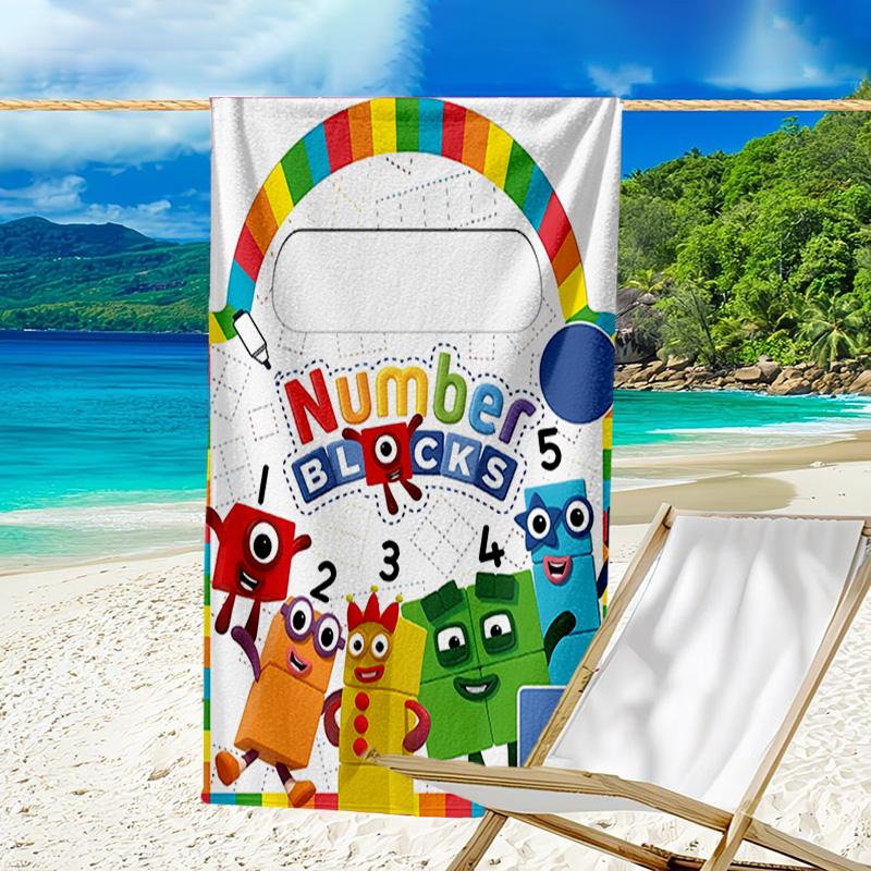 1pc 3D-Number-Blocks-Cartoon Beach Towel, Sports Cape, Beach and Seaside Swimming Pool Equipment, Fashion Pattern, Rectangular, Travel Essentials