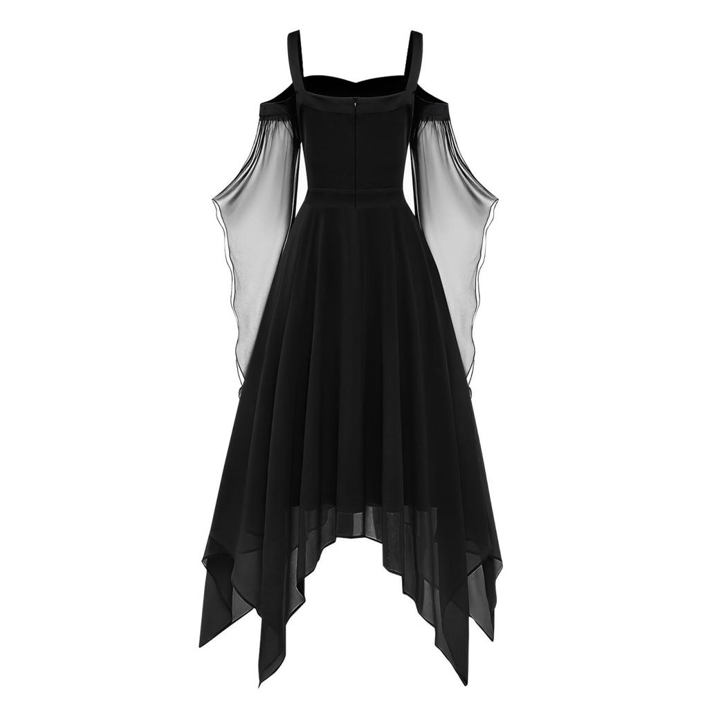 Women Casual Plus Size Cold Shoulder Dress Solid Color Chiffon Butterfly Sleeve Gothic Dress