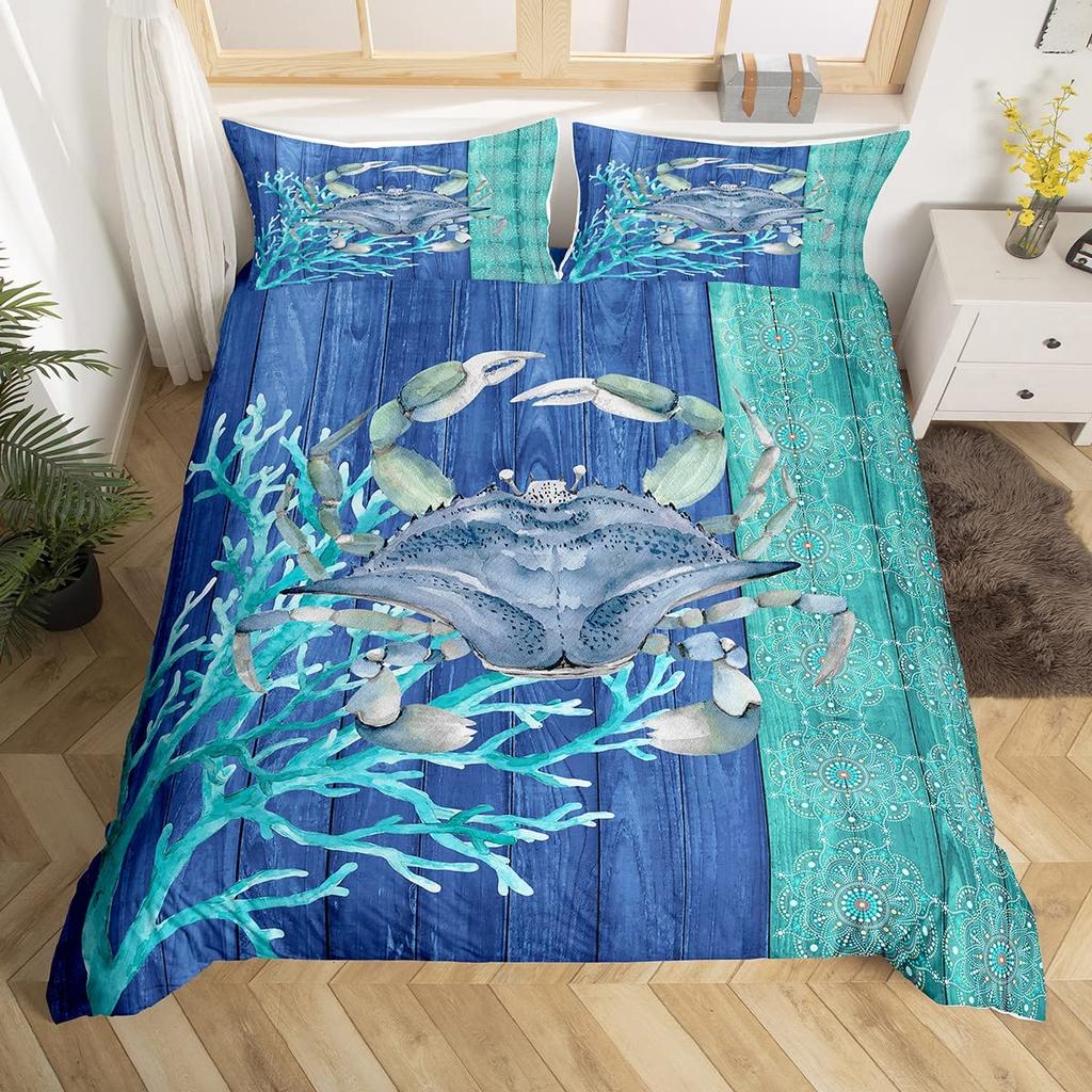 Crab Duvet Cover King Queen Cartoon Ocean Animal Bedding Collection For Kids Teens Adults Sea Wildlife 23Pcs Polyester Quilt Cover