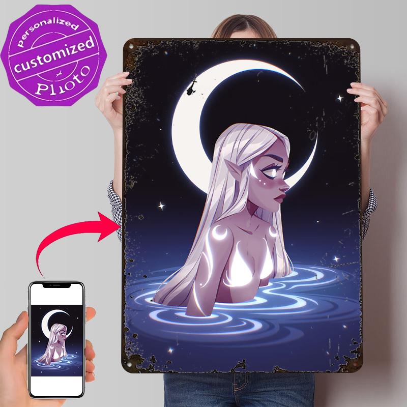 Moon Personalized D Textured Metal Poster Wall Art Vintage Tin Signs for Interior Decoration Living Room Decor Luxury Wand Deko
