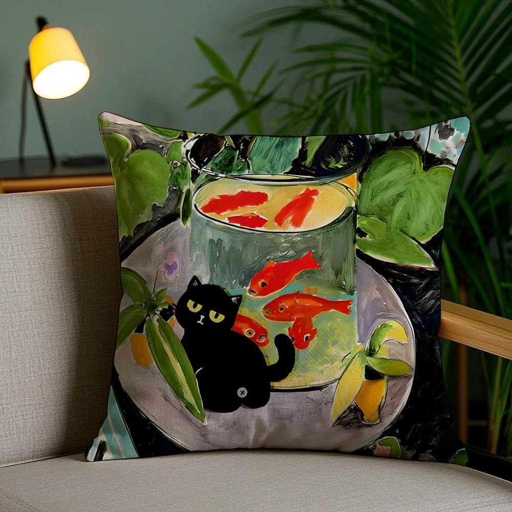 Cute Black Cat Oil Painting Cushion Cover Plush Fabric DoubleSided Printed Invisible Zipper Sofa Pillow Case Home Bedroom Decor