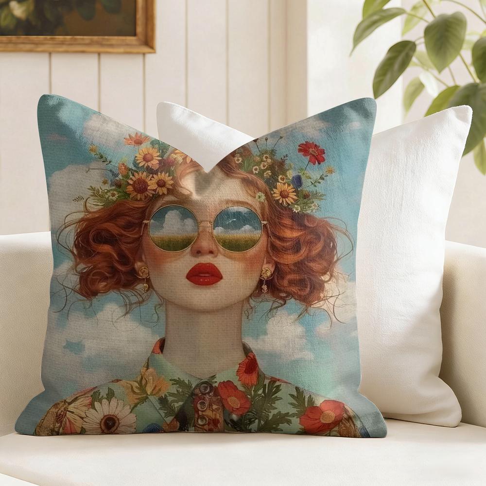 Flower Girl Aesthetic Cushion Cover Summer Linen Pillow Case Organic Fabric Cushion Cover DoubleSided Print Sofa Home Decor