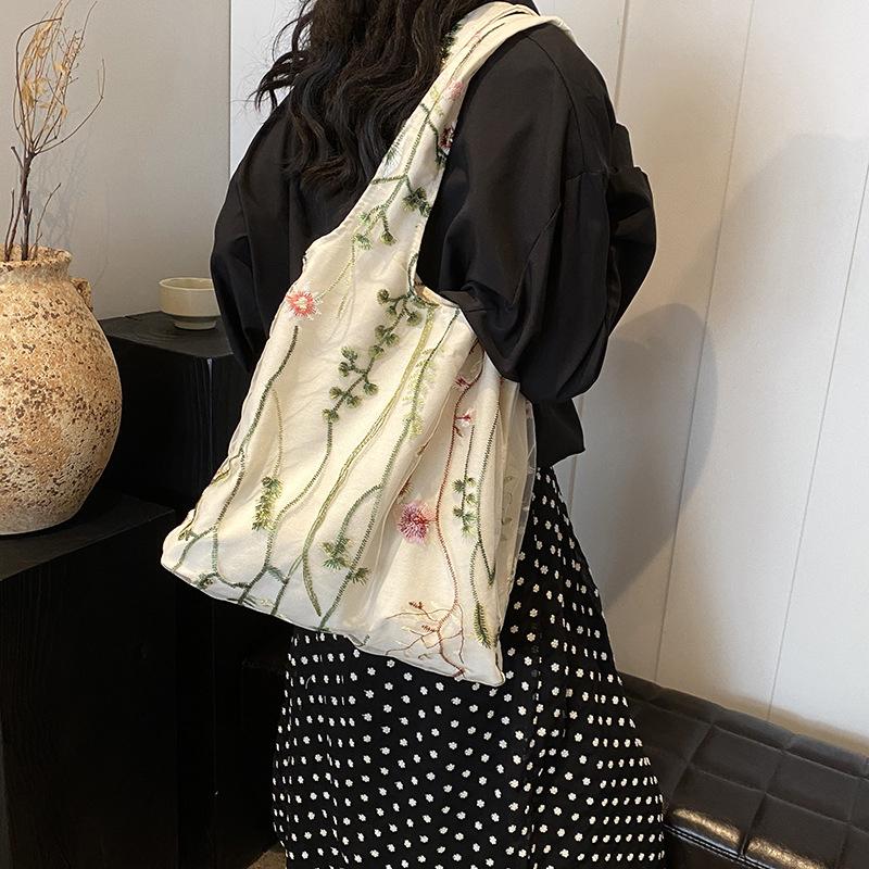 Yogodlns Холщовая кружевная сумка с вышивкой бабочки, большая вместительная универсальная сумка на плечо для женщин, дорожные сумки-тоут для покупок