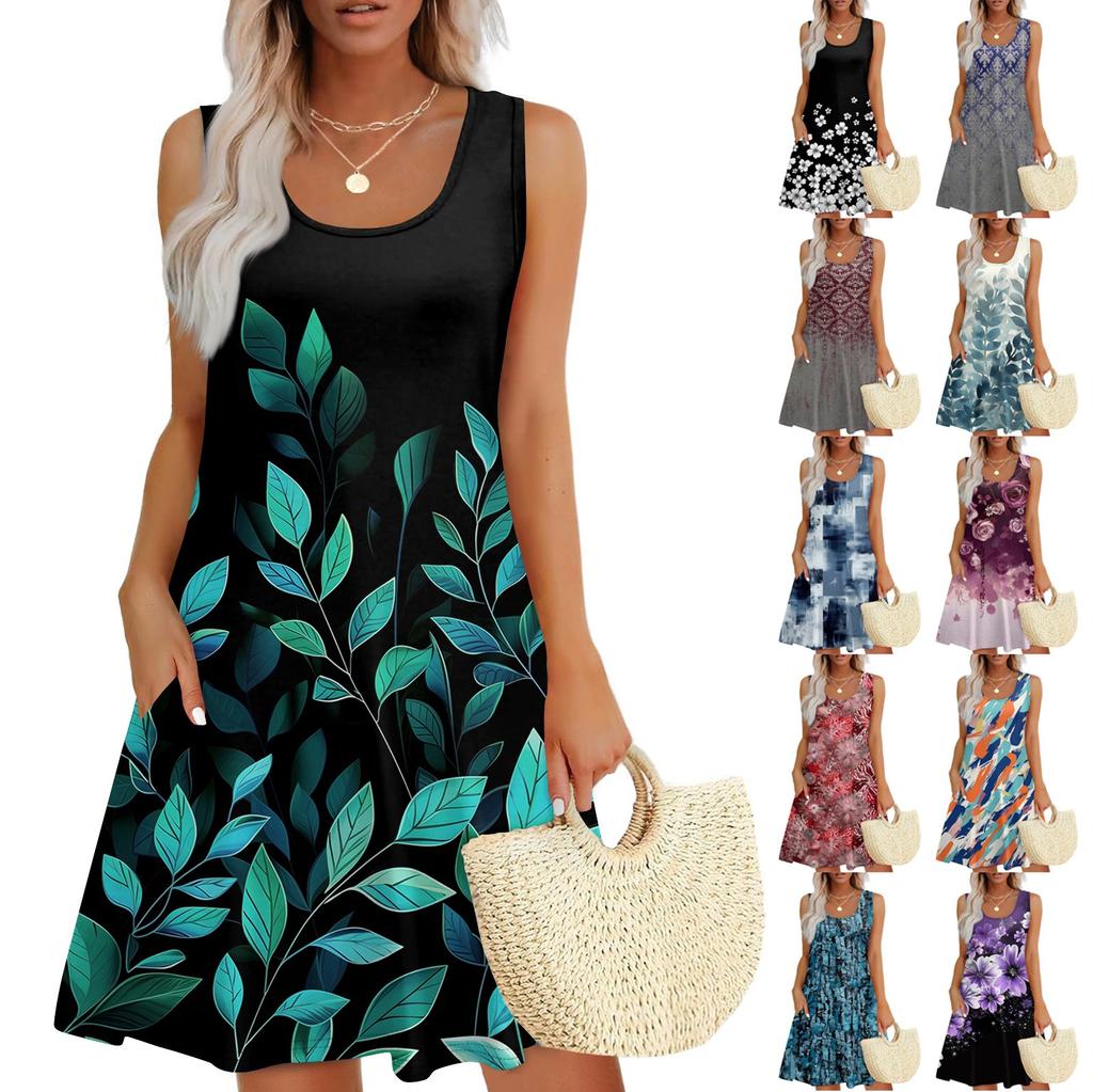 Women's Casual Sundress With Pockets Summer Boho Beach Dress,Holiday Hresses For WomenT-Shirts Dress U Neck Loose Tank Dresses