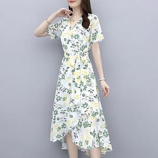 Платье с цветочным принтом для женщин с V-образным вырезом, коротким рукавом, струящимся запахом, платье миди с оборками и неровным подолом, платье А-силуэта для пляжного отдыха