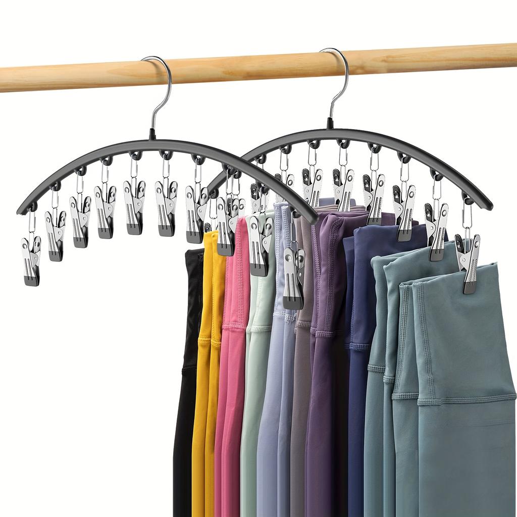 1pc Curved Shape Hanger, Metal Yoga Pants Hangers, Pants Hanger With 10 Clothespins, Space Saving Hanging Hangers, Closet Organizer W/Rubber Coated,