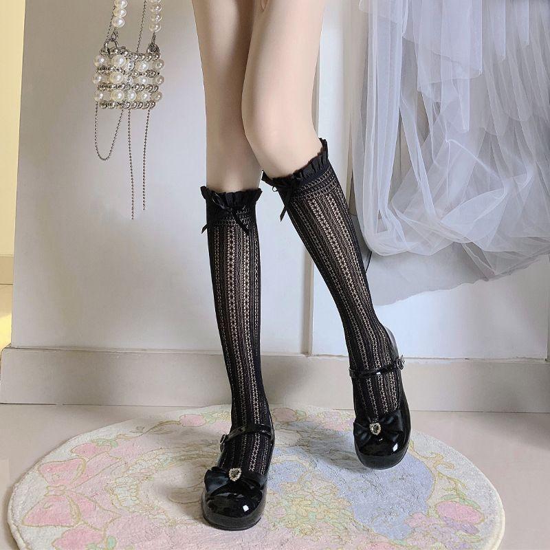 Гольфы до икры в балетном стиле с бантиком | Милые сетчатые гольфы длинной до колена для женщин - Весенне-летние тонкие и дышащие