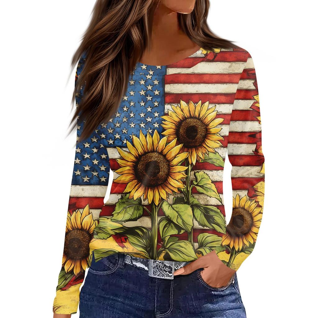 Women's Fashion Slit Hem Independence Day Printed Round Neck Long Sleeve Top