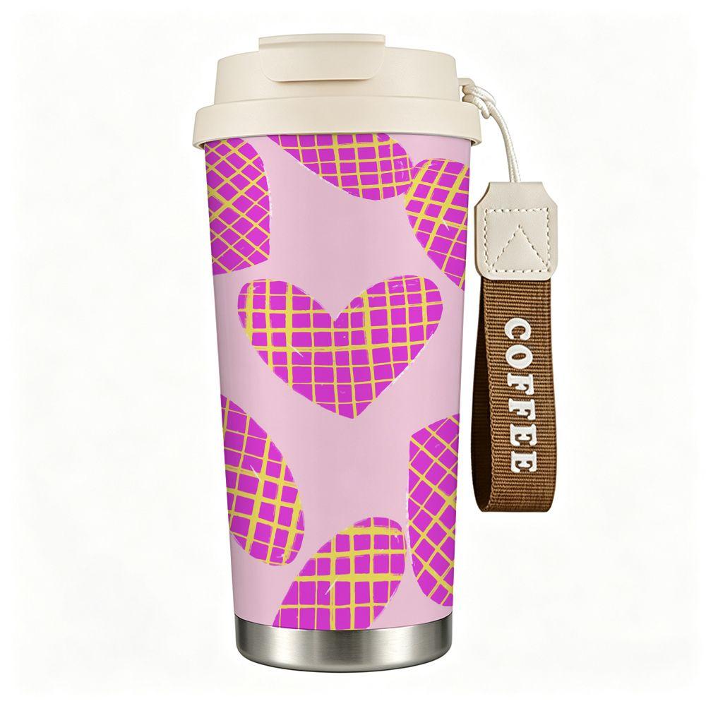 Pink Grid Heart Pattern Stainless Steel Insulated Coffee Tumbler Vacuum Travel Mug Reusable Cup for School Office Commute Gifts