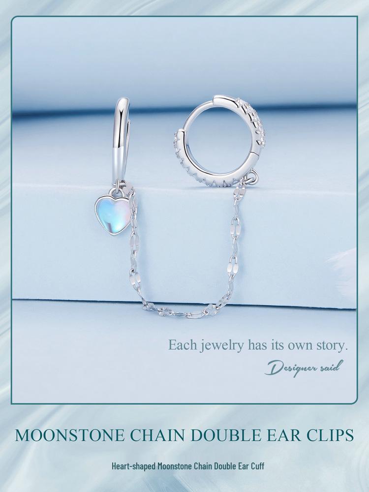 Avle Стерлинговое серебро S925 Цепочка с лунным камнем в форме сердца Двойные серьги-каффы для ушей BSE809