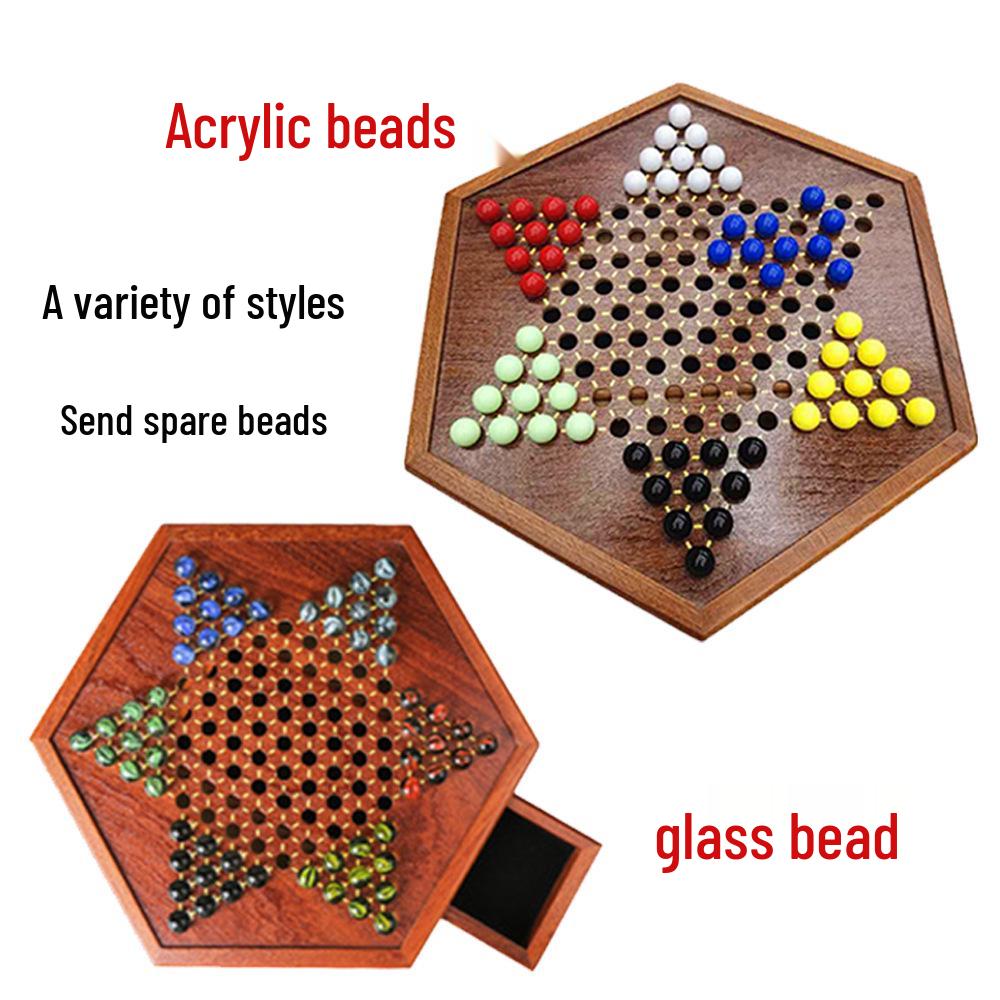 Checker Glass Marbles Wooden Tabletop Game, Chess, Card Game, Competitive Puzzle Toy with Drawer-style Storage.
