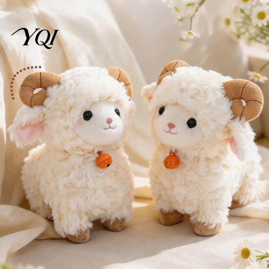 Decorative Stuffed Figure Cute Sheep Plush Doll with Bell, Soft Animal Stable Standing Toy Bells Toy, Curly Fluffy Fabric Embroidery Details Figurine