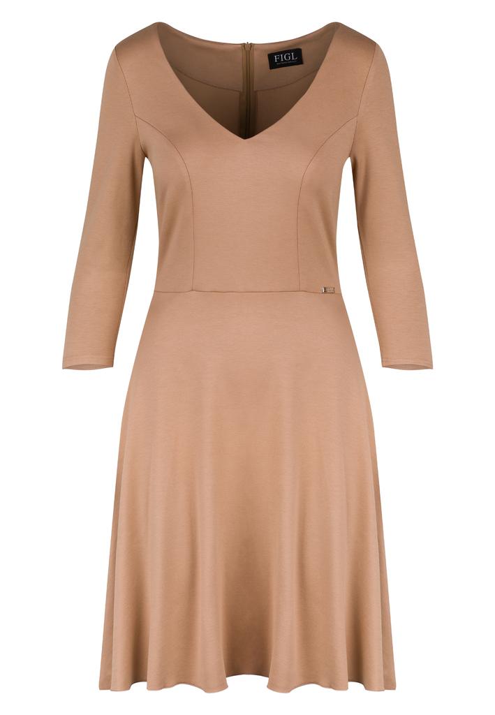 Beige elegant dress with a V-neck, 3/4 sleeves and a flared bottom - M709 size
