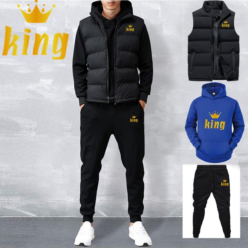 Men Spring Winter Fleece Hoddies Set Casual Sets Vest + Hoodies + Pants 3 Piece Set Male Tracksuit Sportswear Set