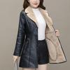 Women's Mid-Length PU Leather Jacket - 2024 Autumn/Winter, Slim Fit with Waist-Cinching, Velvet-Lined for Extra Warmth, Trendy Korean Style.