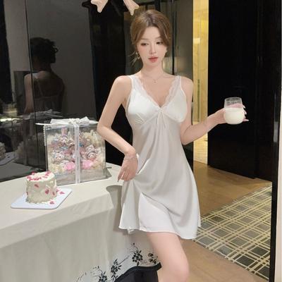 Sexy Pajamas Women's Summer Ice Ribbon Chest Pad New High-end Lace Pure Desire Wind Suspender Nightdress Loungewear