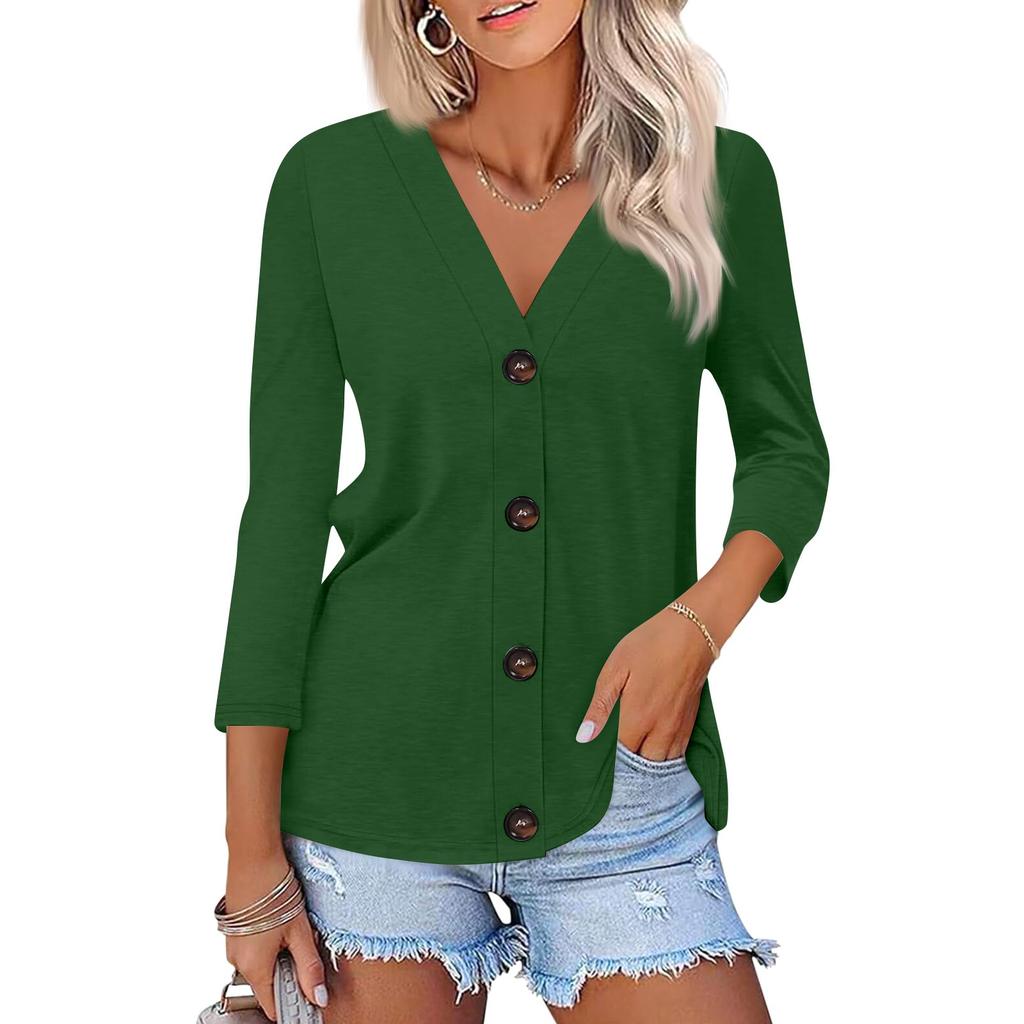 Women's Fashion Casual Print Button-down Shirt 3/4 Long Sleeve Tops