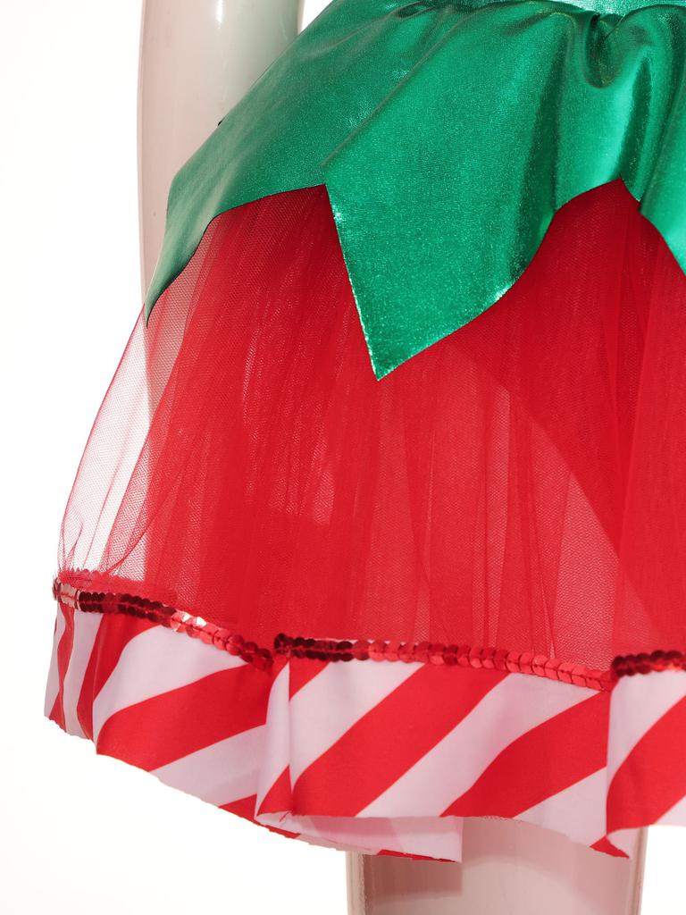 Girls Christmas Tutu Dress Puff Sleeve Hollow Back Bow Stripes Design Suspender Jumpsuit Dance Leotard