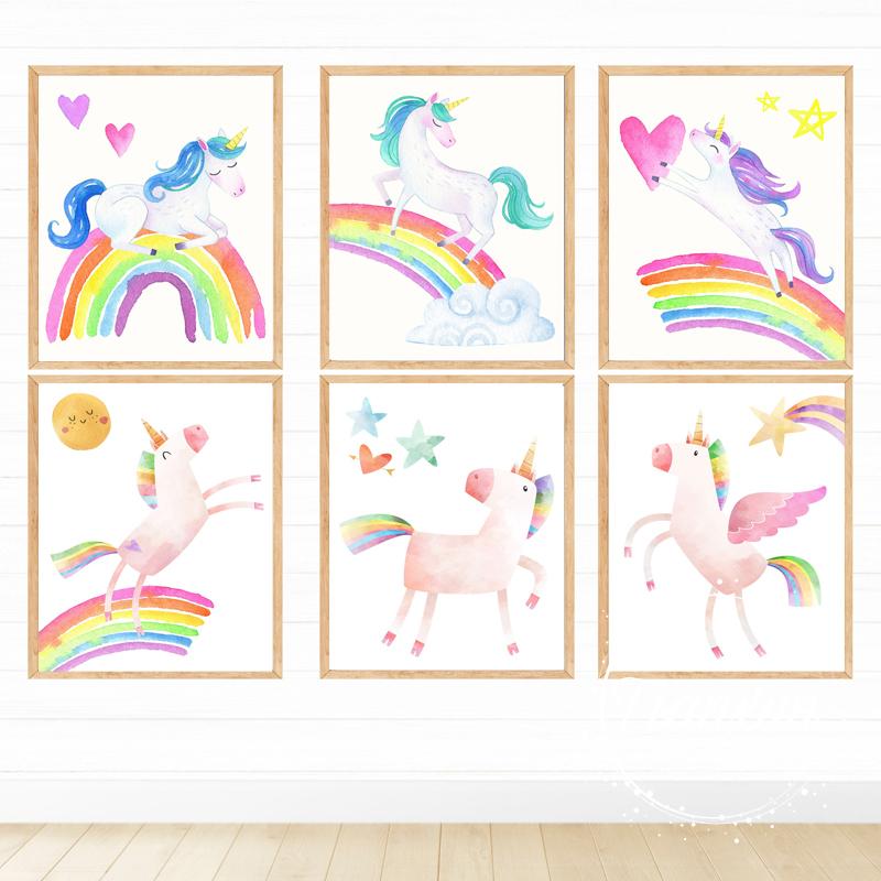 Clouds Rainbow Unicorn Printed Canvas Wall Art Poster Children Kindergarten Art Painting Nordic Pictures Baby Room Decoration No Frame