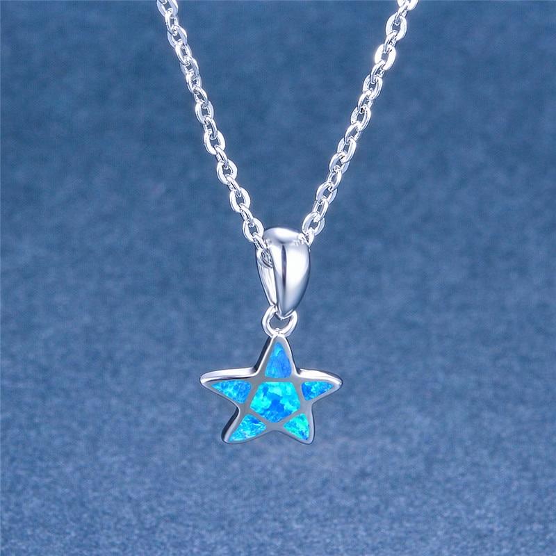 Cute Five -Pointed Star Pendant White Blue Opal Necklaces For Women 925 Silver Birthstone Boho Jewelry Fashion Pentagram Necklace