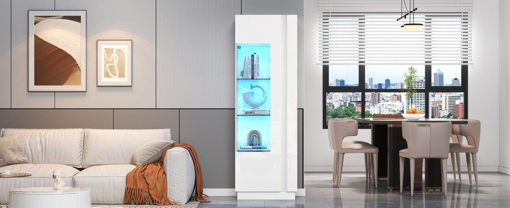 60*40*180cm Cabinet, Display Cabinet with Acrylic Door, High Gloss Storage Cabinet with LED Lighting, 3 Glass Shelves, White