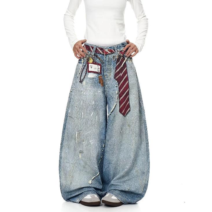 American retro straight leg wide leg jeans washed and worn high street jeans for women loose fitting Harajuku fashion