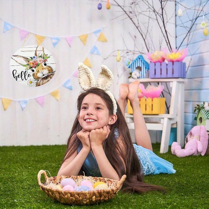 Hello Summer Easter Bunny Rabbit Sign for Front Door Decor, Spring Rustic Farmhouse Wooden Wreath Indoor Wall Hanging Decoration Daisy Flowers Wood