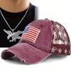 2Pcs Men's Baseball Cap Necklace Set American Flag Duck Mesh Cap Embroidered Ruby Cross Pendant Necklace Sun Protection Sun Hat