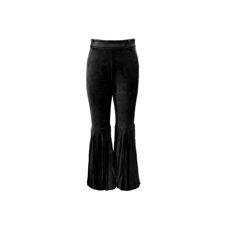 Solid Color Suede Tassel Pants Fringe Hem Slim Fit Flare Pants Retro High Waist Trousers Party