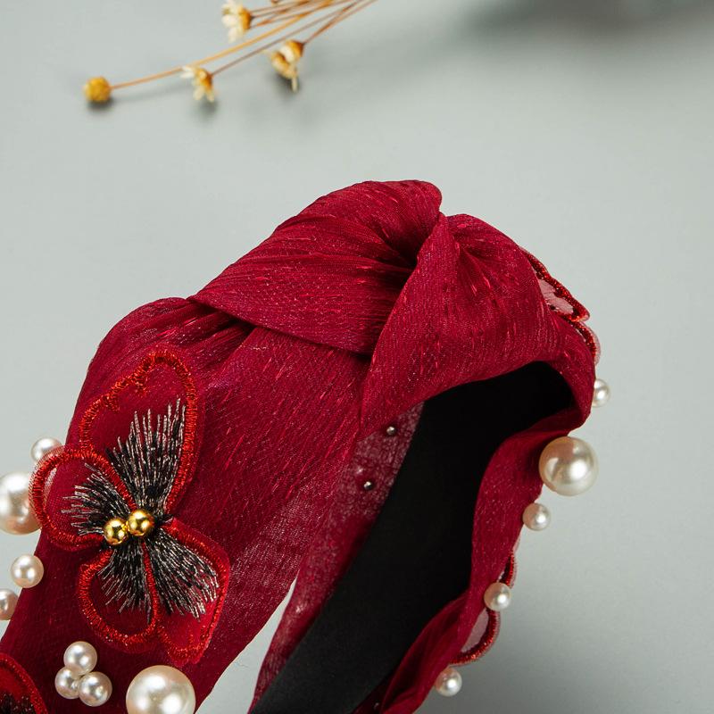 Женская кружевная повязка на голову для мытья лица с бабочкой и жемчугом, однотонная повязка на голову с широким краем и крестообразным узлом