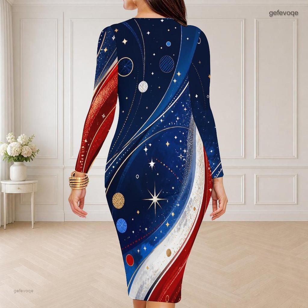 Women Plus Size Navy Blue Printed Round Neck Long Sleeve Bodycon Midi Dress