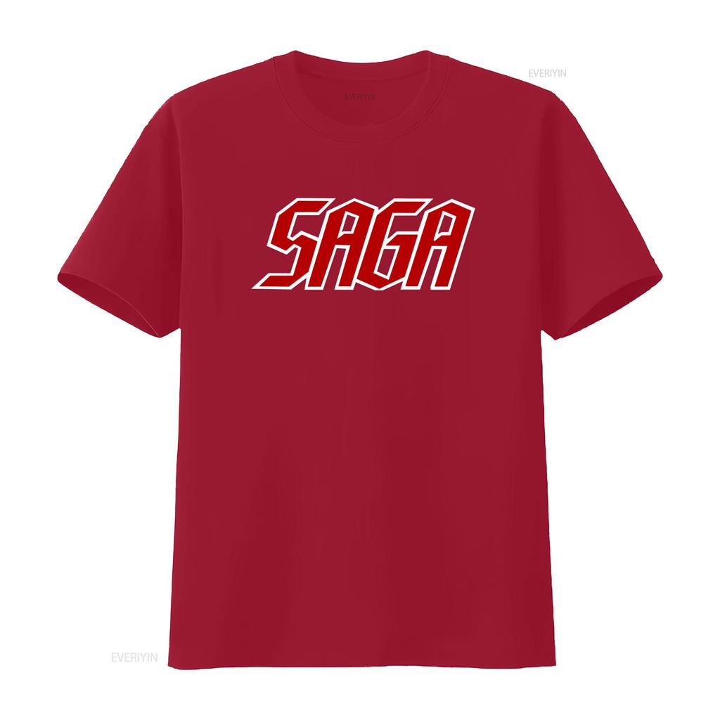 Saga Band Logo Black T Shirt All Sizes Available Bold Red White Design for Music Fans Comfortable Cotton Fabric Perfect
