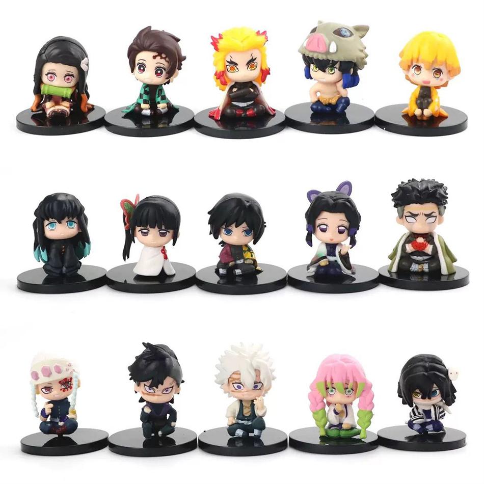 Demon Slayer Q Version Anime Figurines Kimetsu No Yaiba Tanjiro Inosuke Zenitsu Pvd Model Doll Collectible Sitting Toys