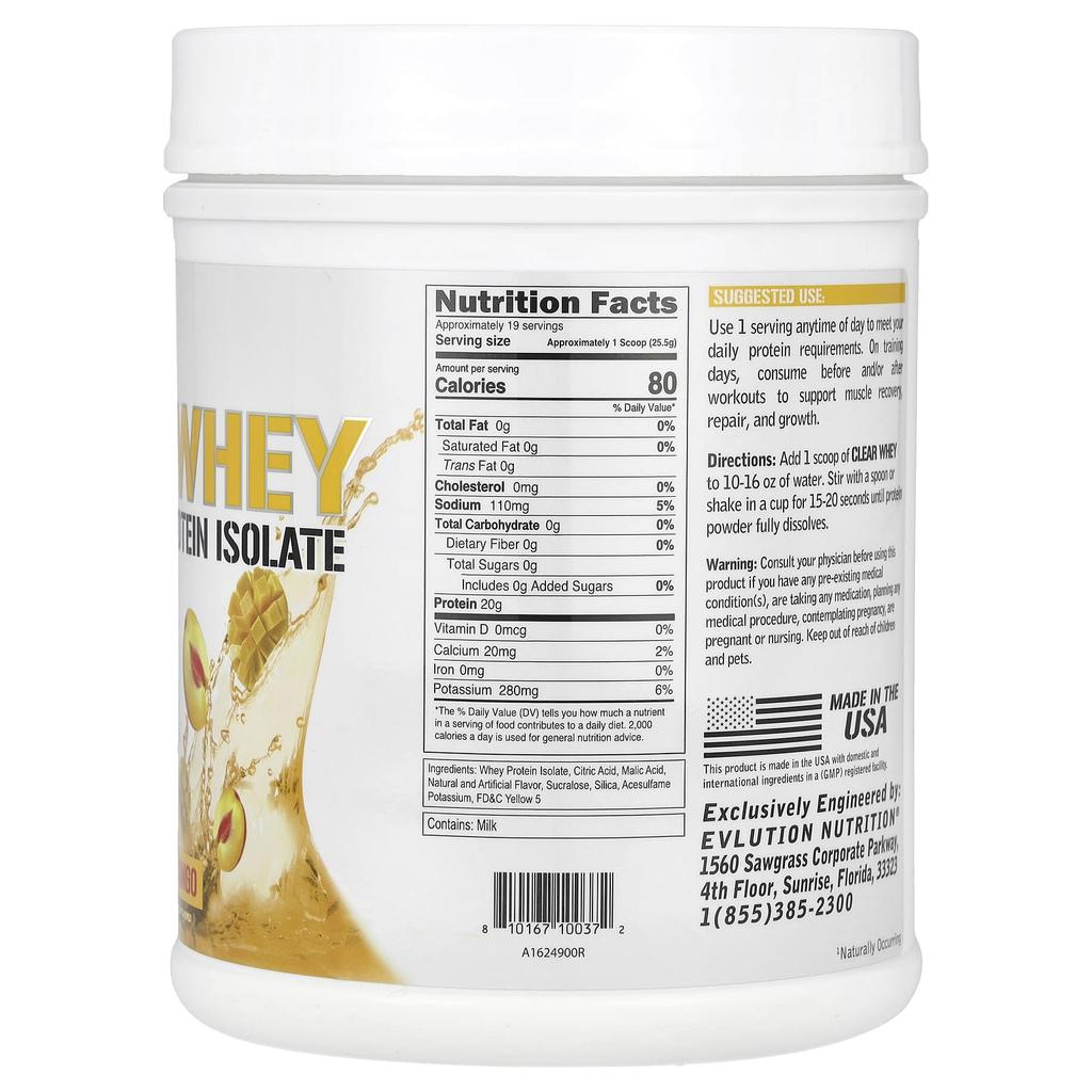 EVLution Nutrition Clear Whey, 100% Whey Protein Isolate, Peach Mango, 1.1 Lb (500 G)