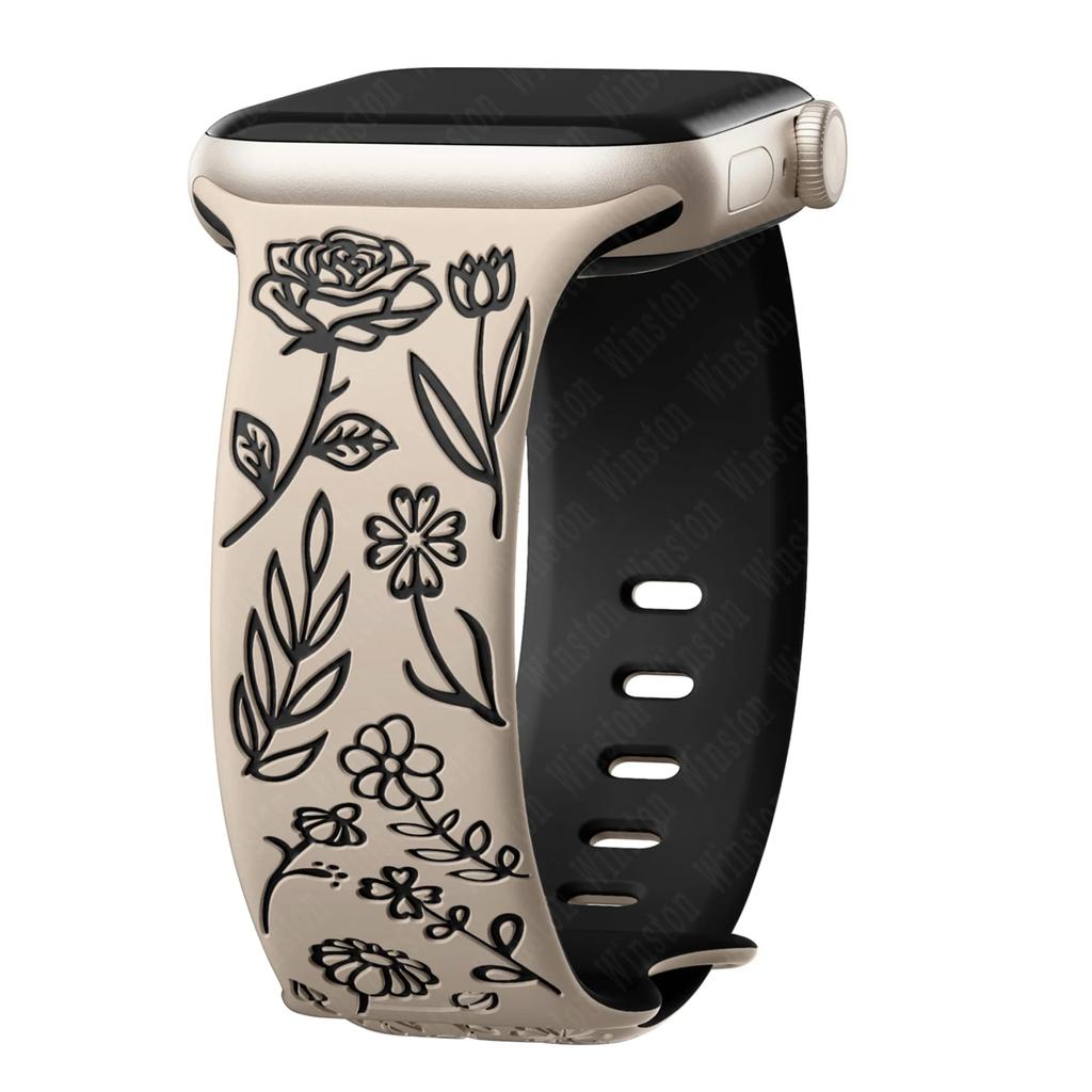 Ремешок с гравировкой и цветочным узором для Apple Watch Band Ultra 2 49/ 46/ 45/ 44/ 40/ 42 мм, браслет IWatch Series 10 9 8 7 6 SE 5 4